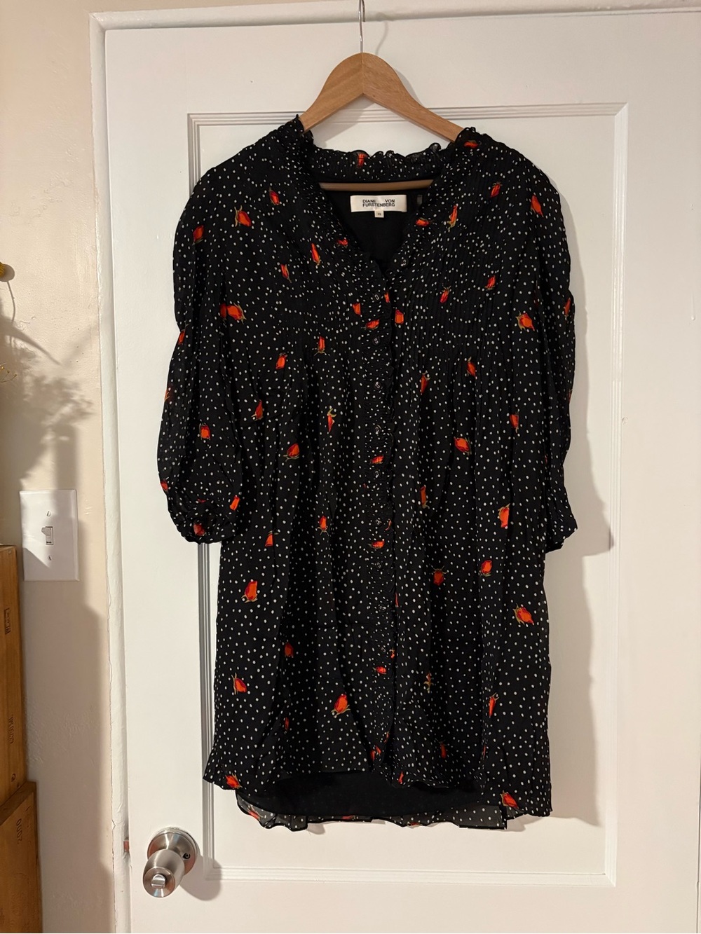 Diane Von Furstenberg Black Polka Dot Dress Red Floral Chiffon loose mini Dress